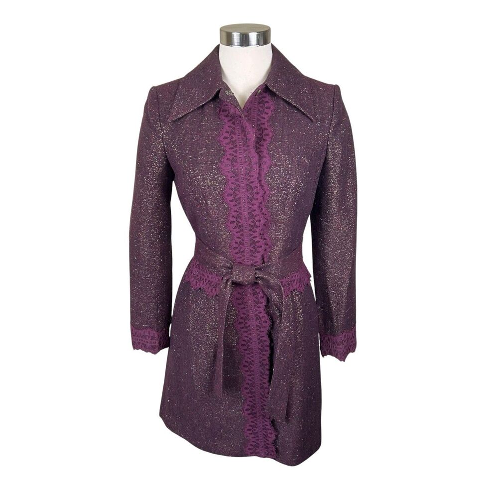 Bisou Bisou Michele Bohbot Y2K Metallic Purple Snap Button Belted Jacket Coat 4